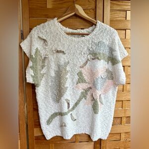 VTG Shenanigans White Green Pink Pearl Embellished Floral Knit Top L